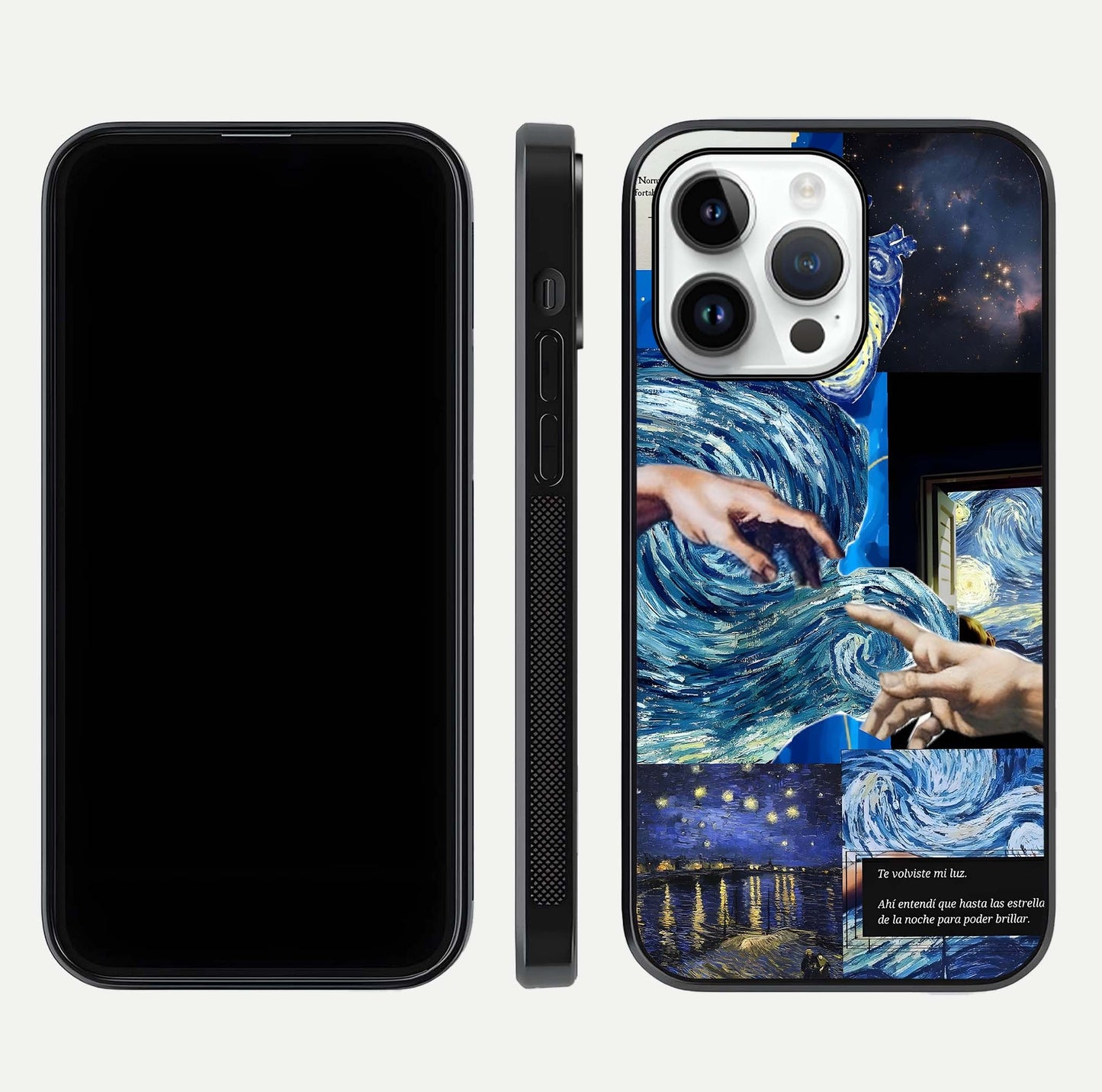 Aesthetic Vando Hands Glass Case for iPhone 16 Pro front and back layout highlighting camera cutout and premium glass shine