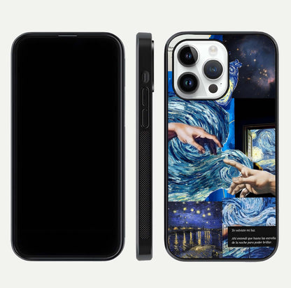 Aesthetic Vando Hands Glass Case for iPhone 16 Pro front and back layout highlighting camera cutout and premium glass shine