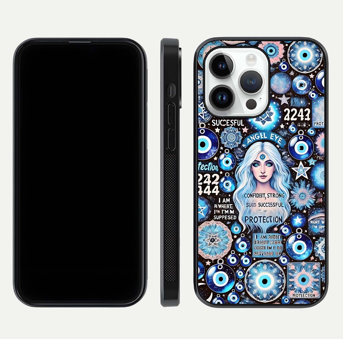 Angel Aura Shield Glass Case for iPhone 16 Pro front and back display highlighting glass clarity and spiritual design