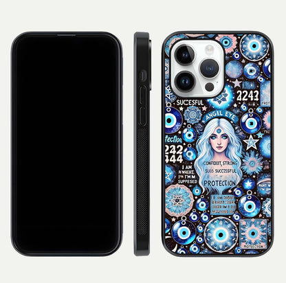 Angel Aura Shield Glass Case for iPhone 16 Pro front and back display highlighting glass clarity and spiritual design