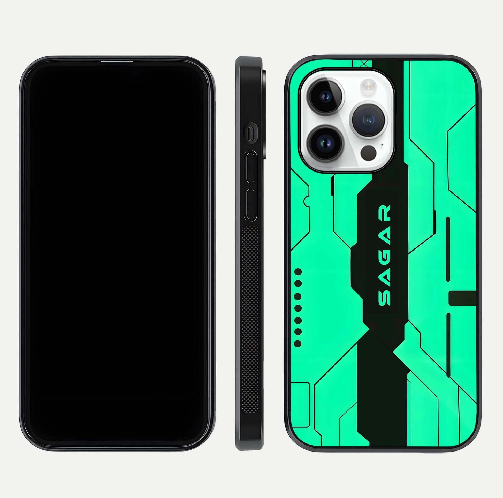 Aqua Tech CYBERPUNK Custom Name Glass Case for iPhone 16 Pro front and back display showing sleek tech pattern and shine