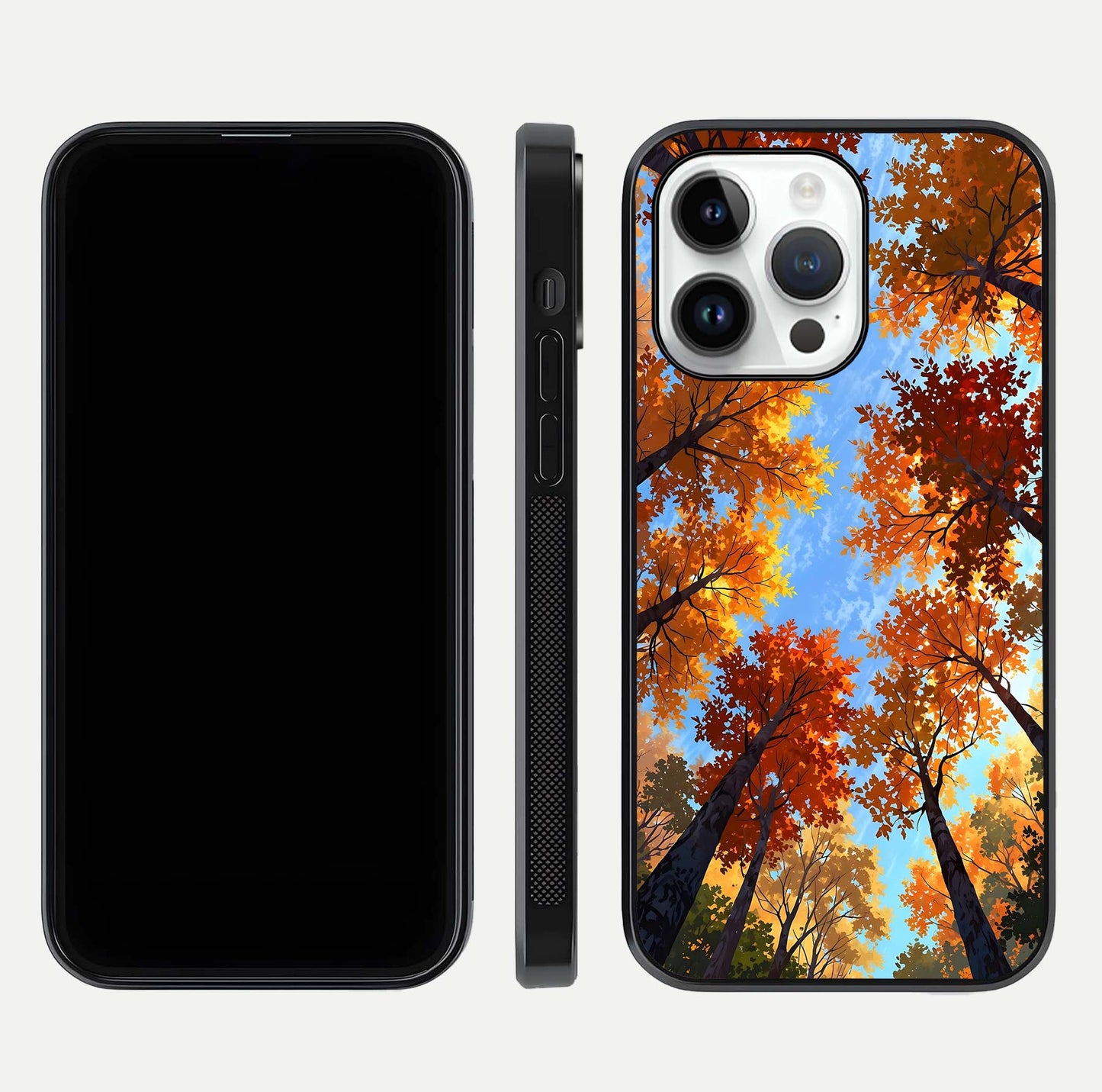 Autumn Sky Rise Glass Case for iPhone 16 Pro front and back layout showing sky print and edge smoothness