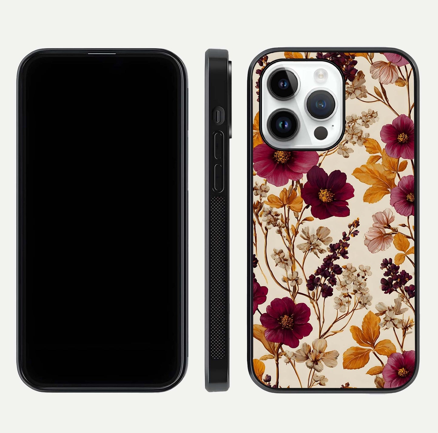 Autumn Wine Bloom Glass Case for iPhone 16 Pro front and back layout showing autumn print and HD glass clarity