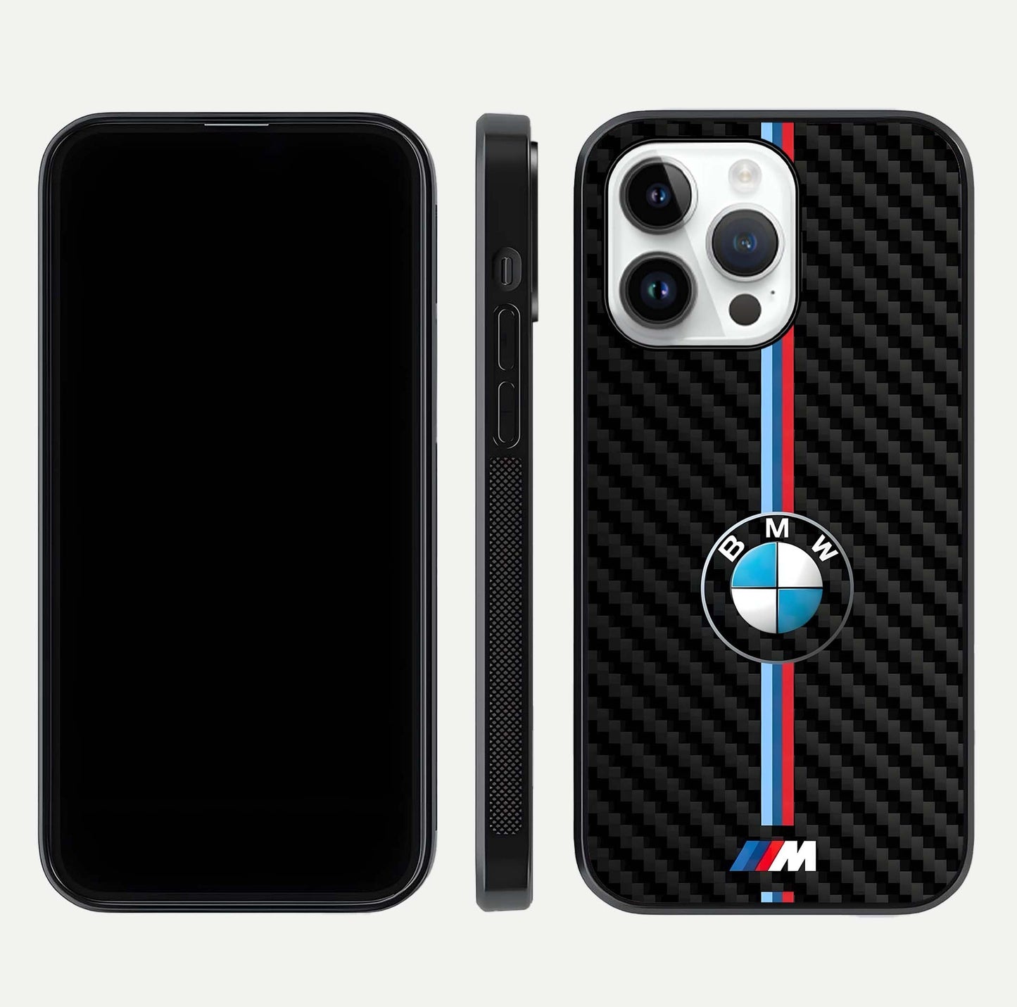 BMW Pattern Glass Case for iPhone 14 Pro front-and-back layout displaying car-themed art and premium glass gloss