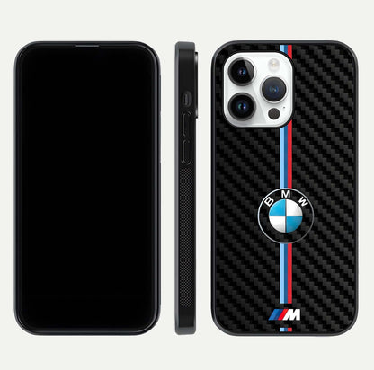 BMW Pattern Glass Case for iPhone 14 Pro front-and-back layout displaying car-themed art and premium glass gloss
