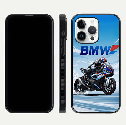 BMW Power Drift Glass Case for iPhone 14 Pro dual-view layout showing energy pattern and edge clarity