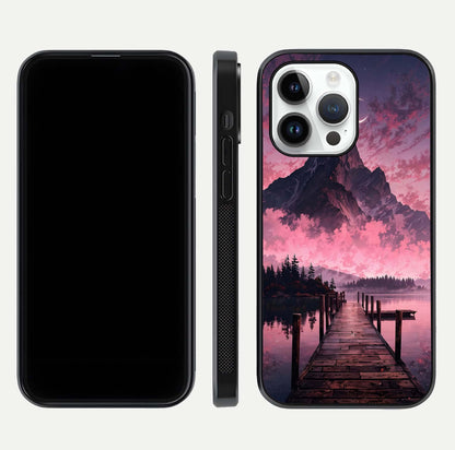 Beautyful Mountain View Glass Case for iPhone 16 Pro front and back layout showcasing natural tones and clarity