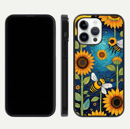 Bees & Sunflowers Glass Case for iPhone 16 Pro front-and-back layout highlighting nature-inspired artwork and protective edge