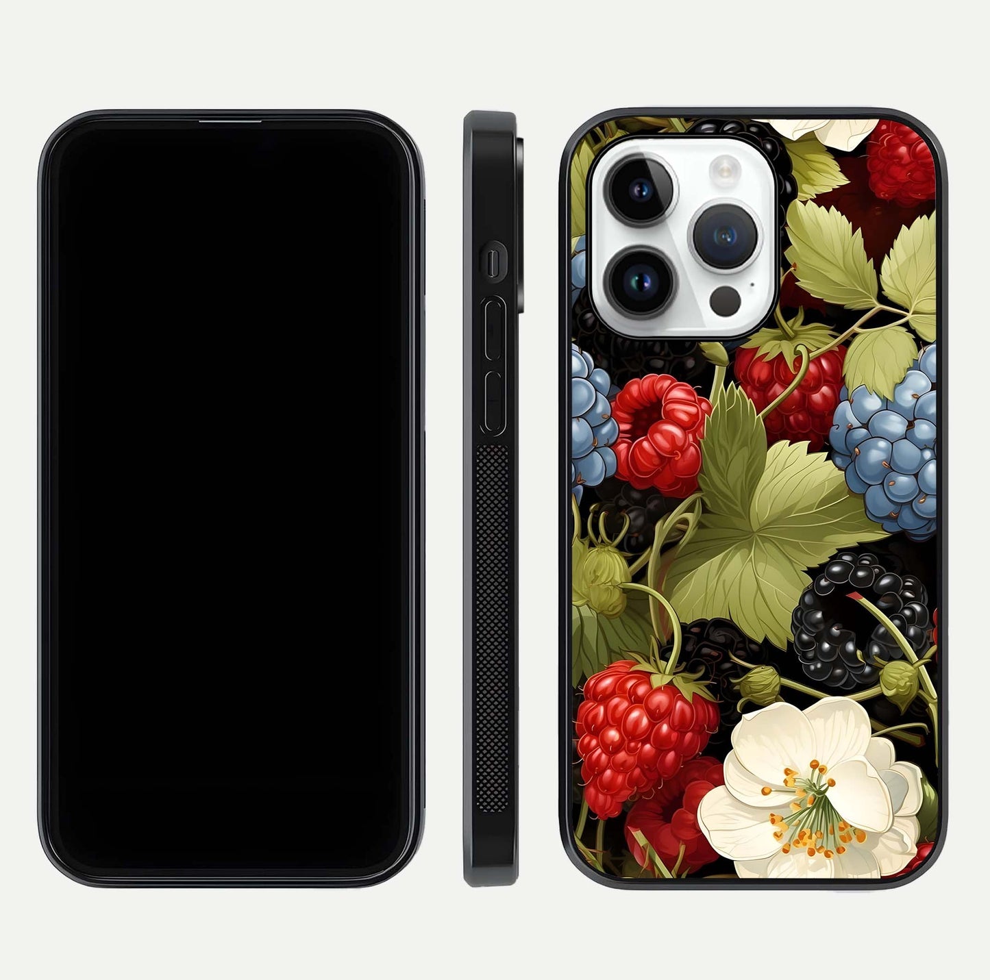 Berry Bloom Charm Glass Case for iPhone 14 Pro front-and-back layout showing floral pattern continuity and smooth glass shine