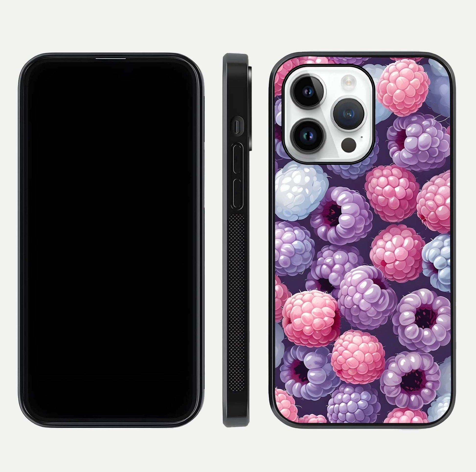 Berry Candy Pop Glass Case for iPhone 16 Pro front-and-back layout showing colorful pattern and sleek protective frame