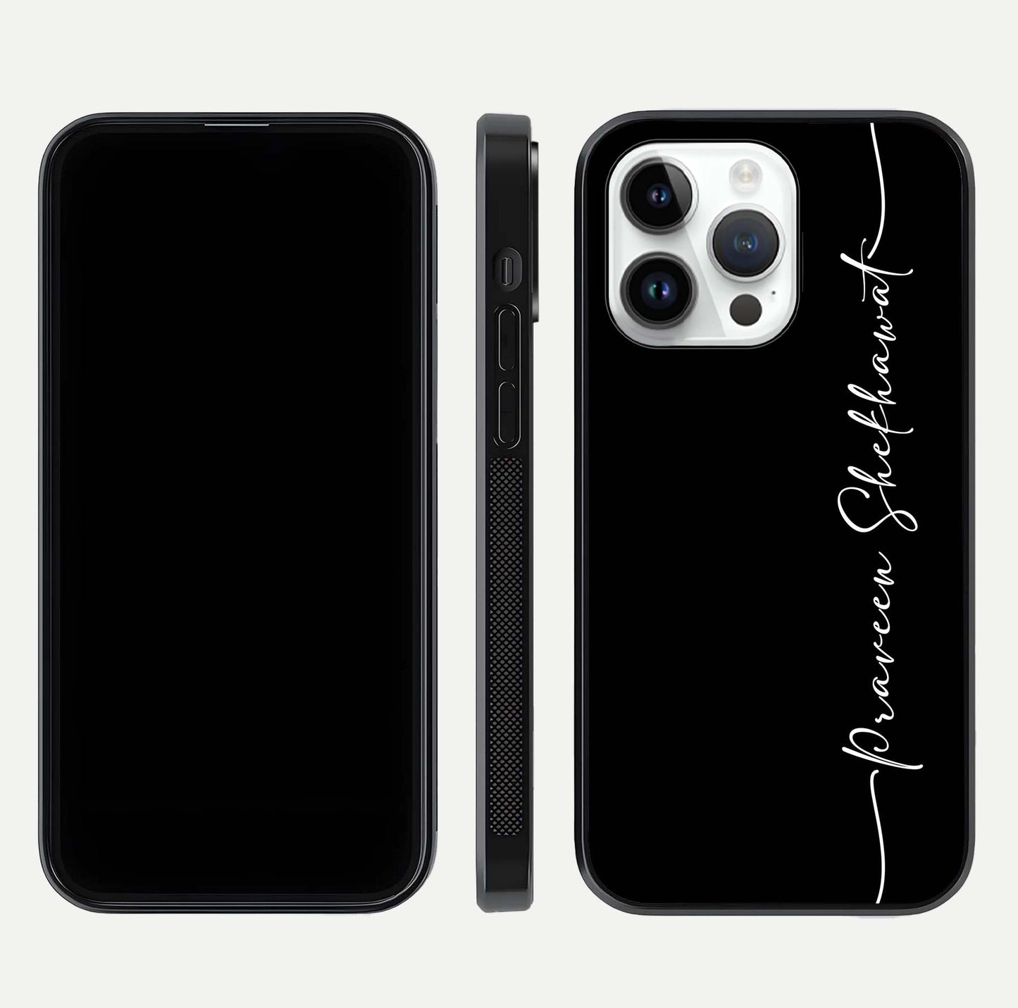 Black Tune Custom Name Glass Case for iPhone 16 Pro front-and-back layout showing personalized name zone and edges
