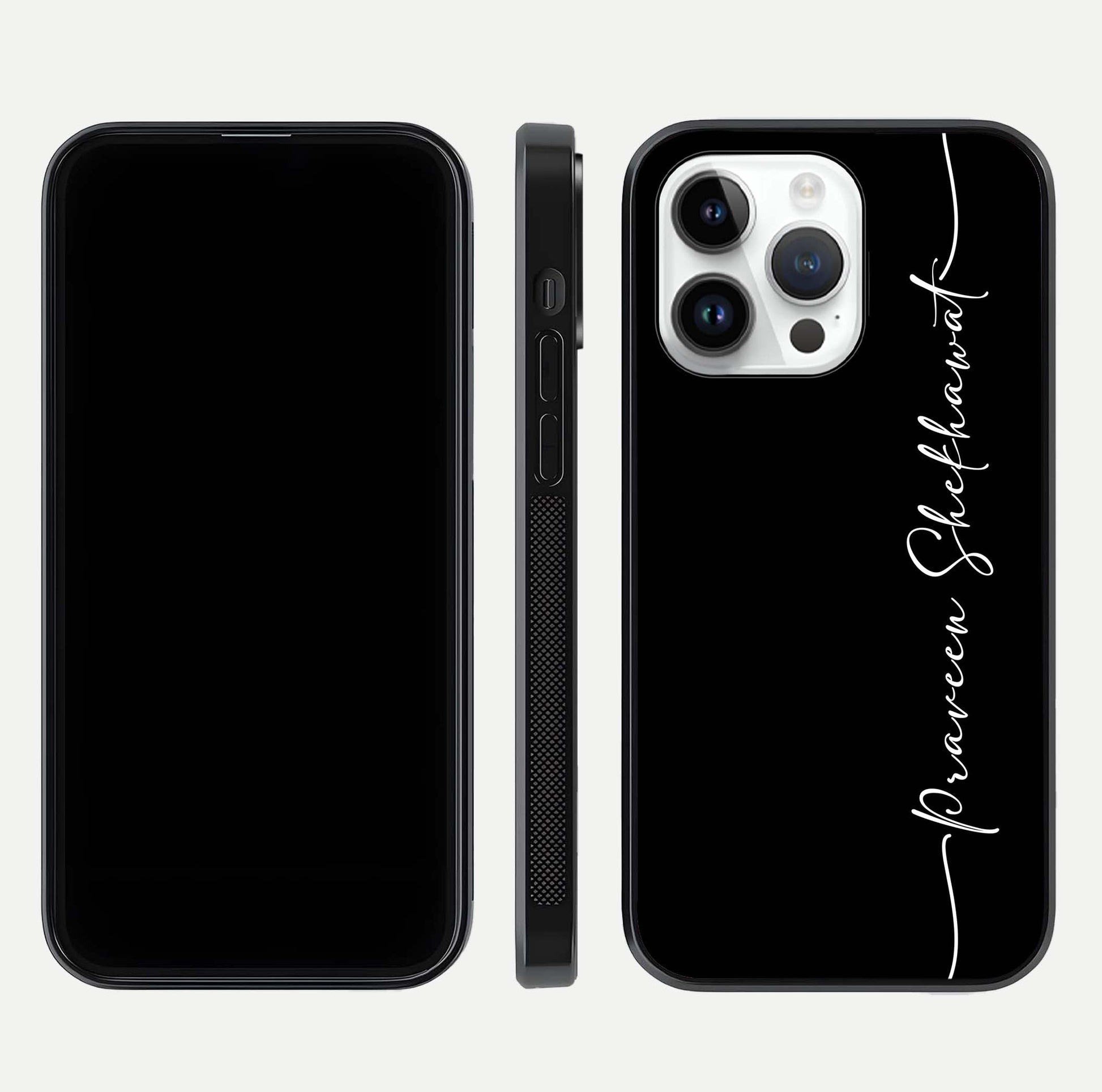 Black Tune Custom Name Glass Case for iPhone 16 Pro front-and-back layout showing personalized name zone and edges