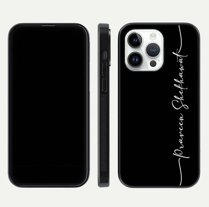 Black Tune Custom Name Glass Case for iPhone 16 Pro front-and-back layout showing personalized name zone and edges