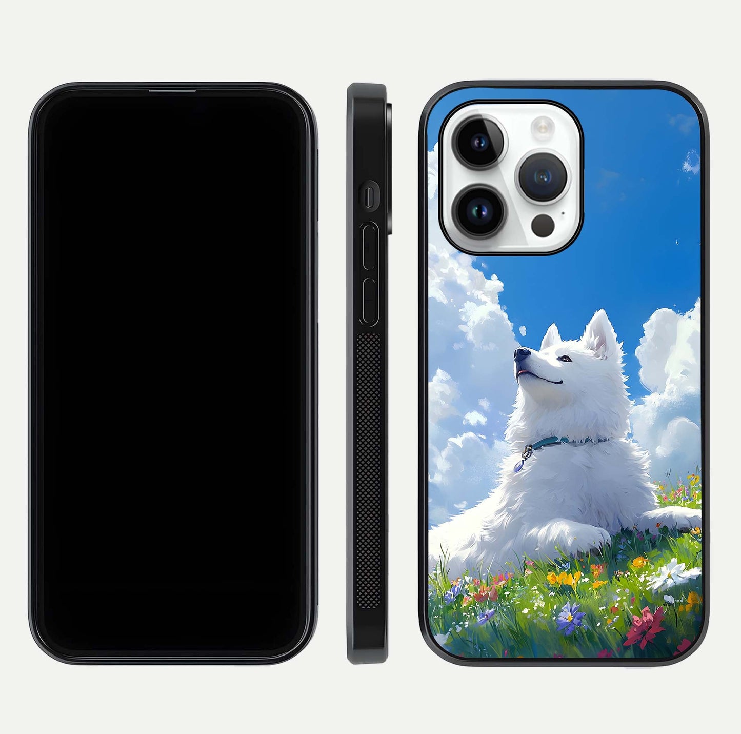 Blissful Cloud Pup Glass Case for iPhone 16 Pro front-and-back layout showing art alignment and edge design