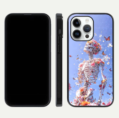 Bloom Beyond Bones Glass Case for iPhone 14 Pro dual-view layout showing creative aesthetic and edge design