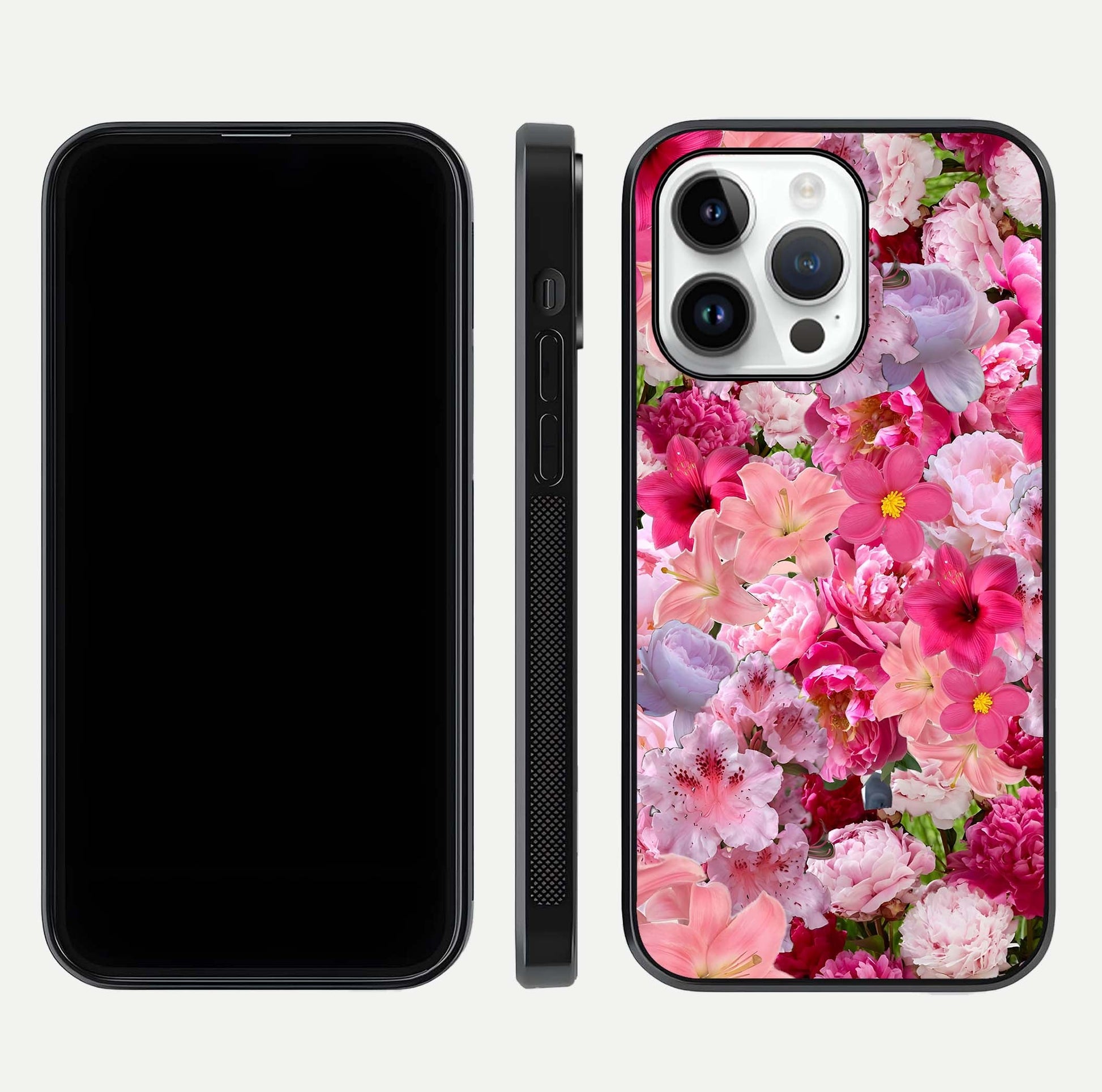 Bloom Crush Fantasy Glass Case for iPhone 16 Pro dual-view layout highlighting edges and premium shine