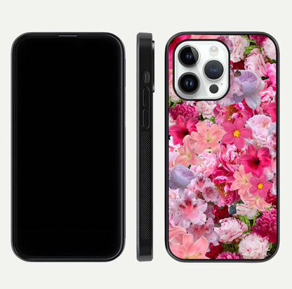 Bloom Crush Fantasy Glass Case for iPhone 16 Pro dual-view layout highlighting edges and premium shine