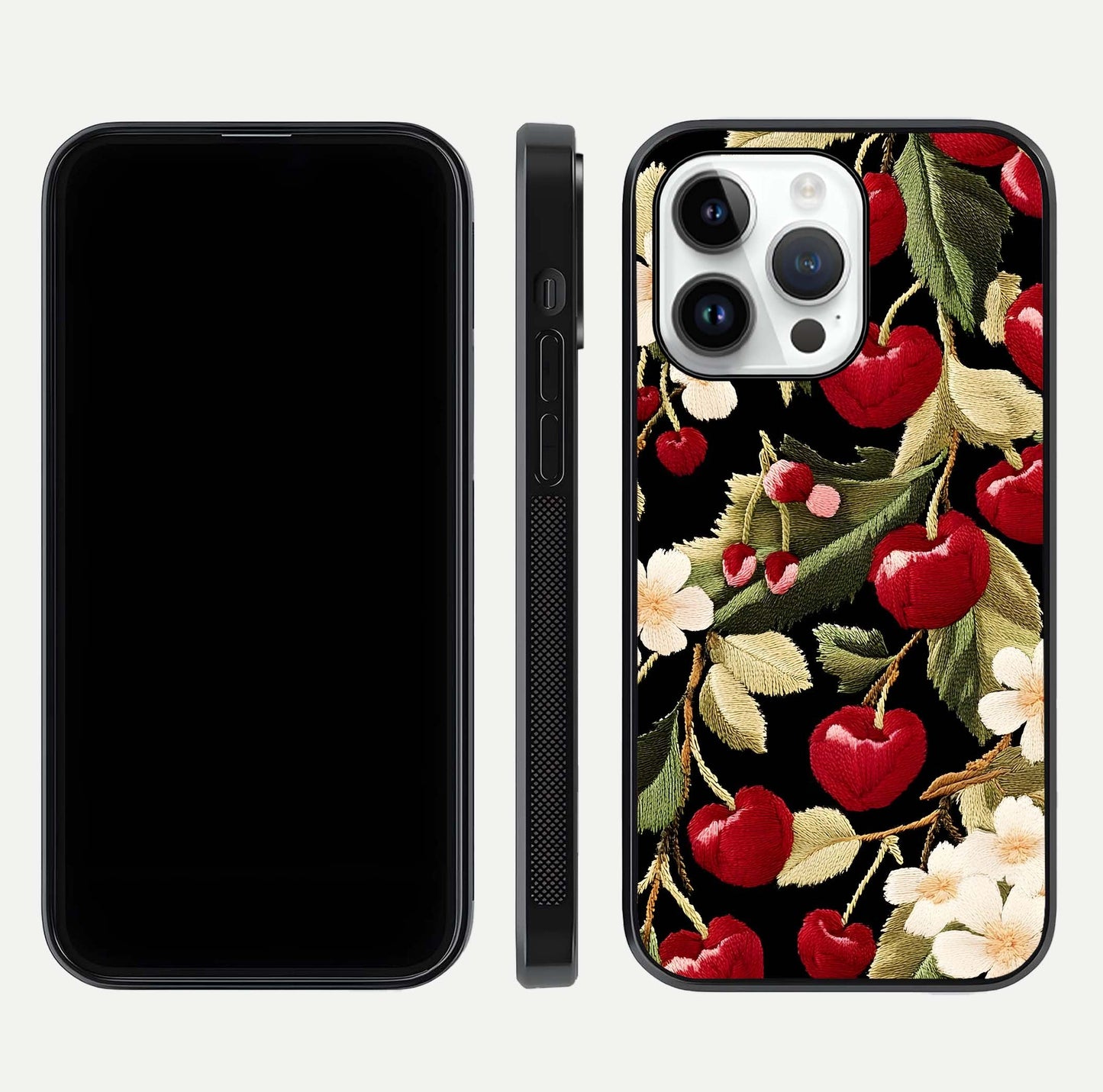 Bloom Thread Art Glass Case for iPhone 14 Pro front-and-back layout showing smooth edges and high-clarity print
