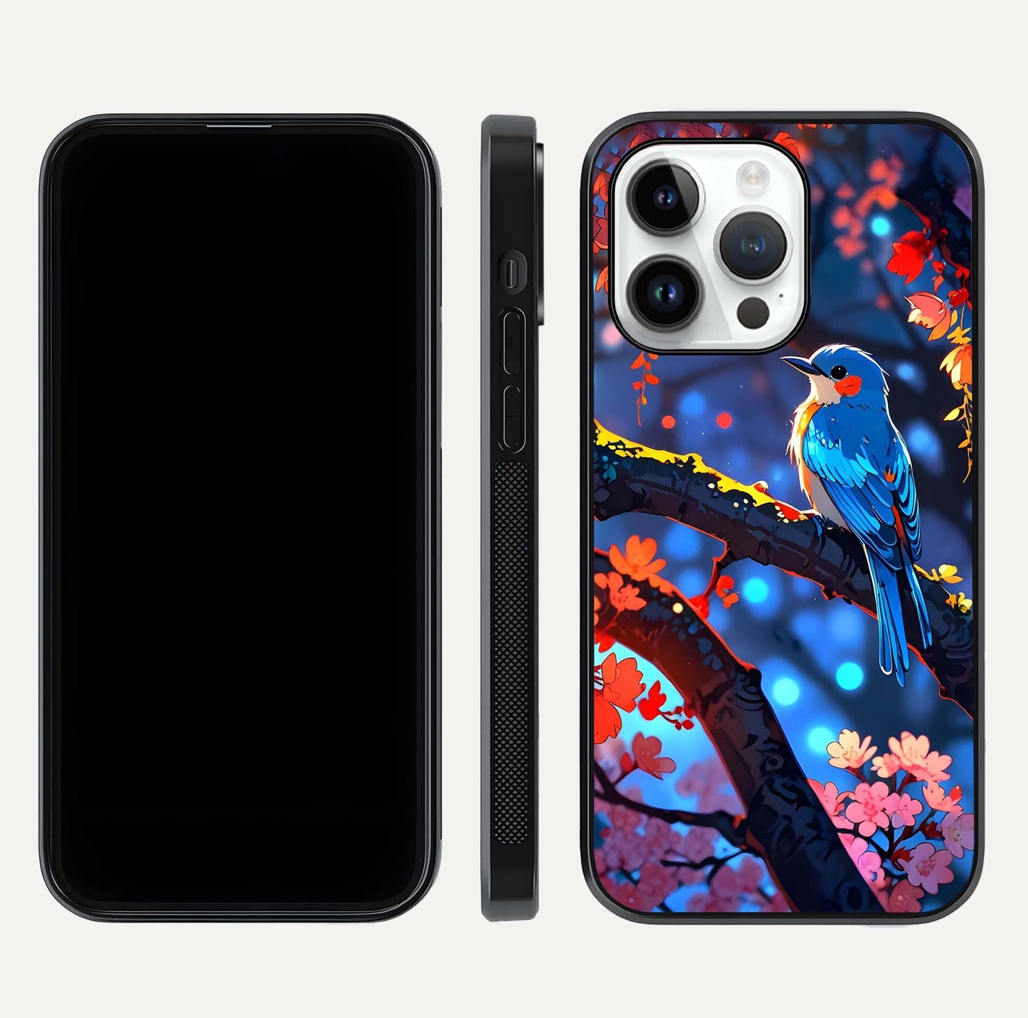Blooming Spendor Bird Glass Case for iPhone 16 Pro front-and-back view showing nature print and protective edge