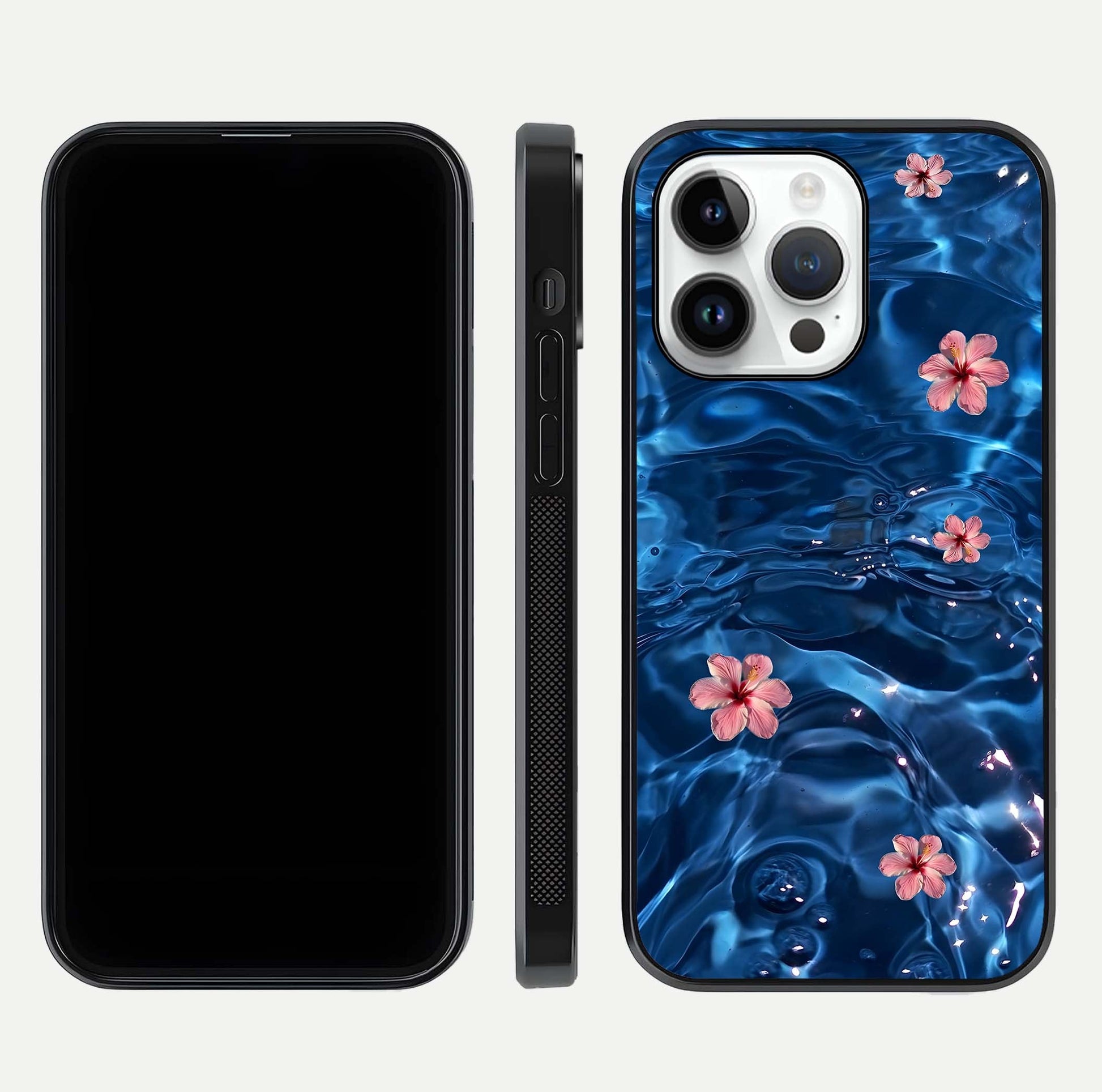 Blooming Water Drift Glass Case for iPhone 16 Pro front-and-back layout highlighting edge design and serene water bloom art