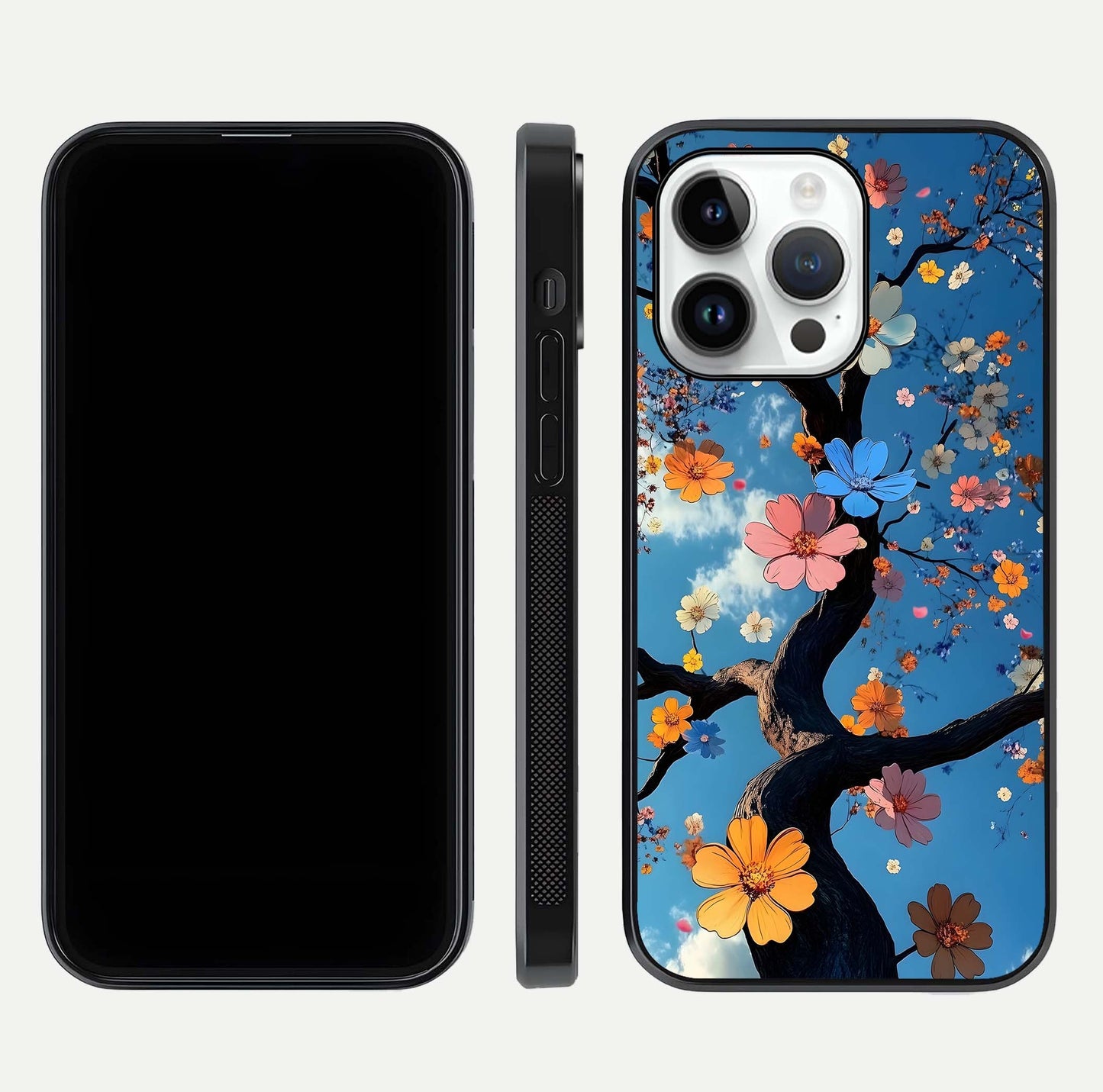 Blossom Dream Sky Glass Case for iPhone 14 Pro front-and-back layout showing floral print and premium edge gloss