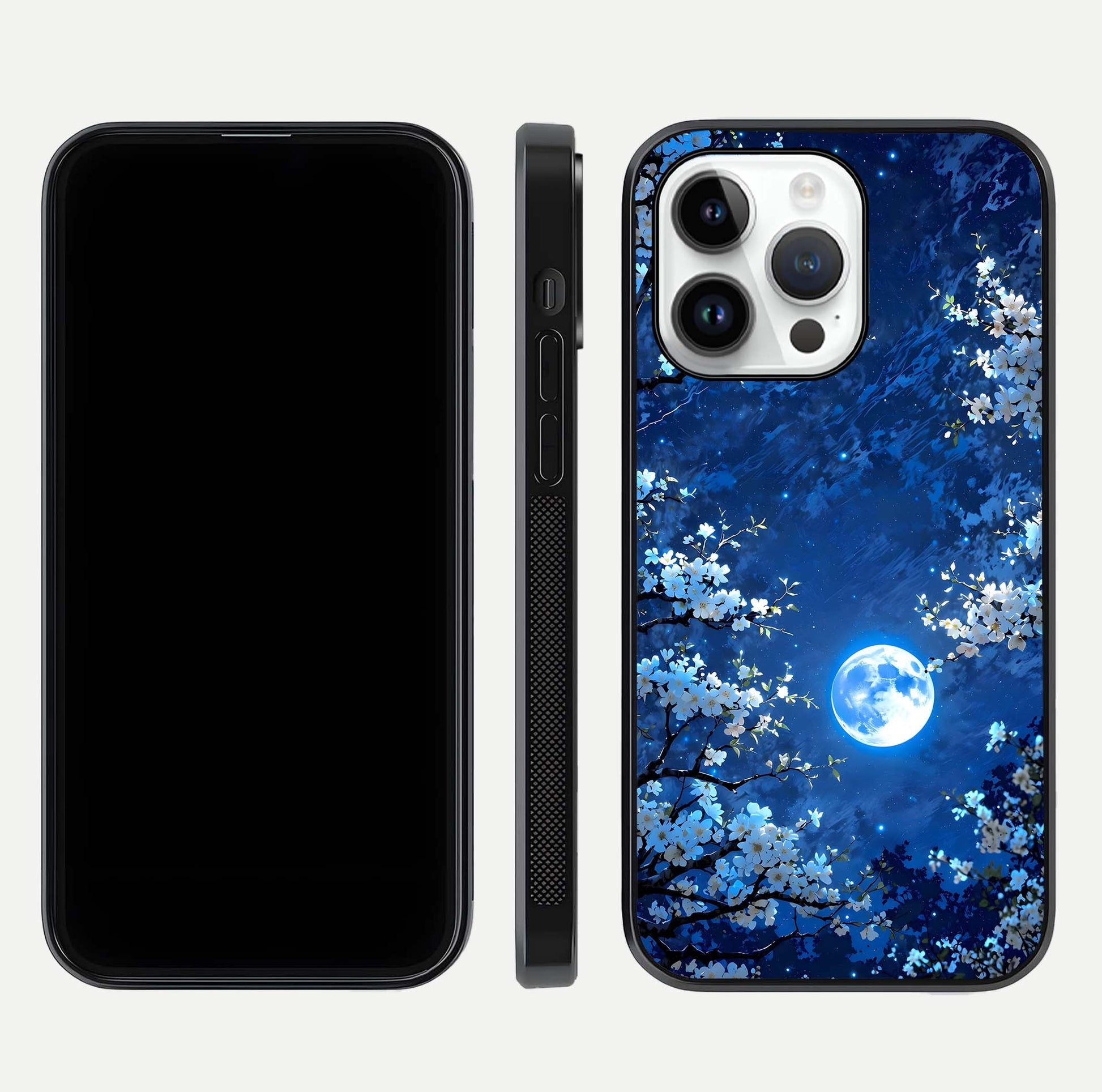 Blossom Moonlight Sky Glass Case for iPhone 16 Pro dual-view layout highlighting sky gradient and floral composition