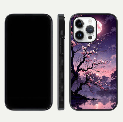 Blossom Pink Moon Glass Case for iPhone 14 Pro front-and-back layout showing minimal edges and artistic flower print