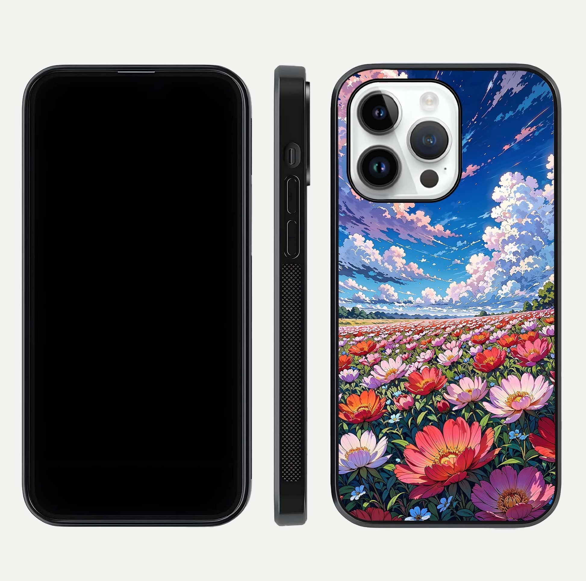 Blossom Sky Field Glass Case for iPhone 16 Pro front-and-back layout highlighting design edges and gloss clarity