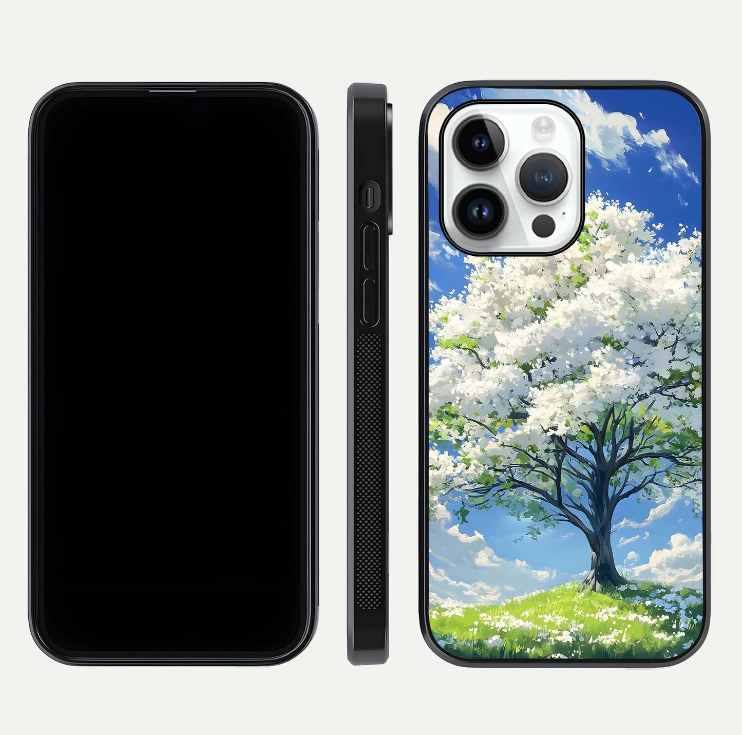 Blossom Sky Serenity Glass Case for iPhone 14 Pro dual-view layout showing pastel hues and soft protective edges