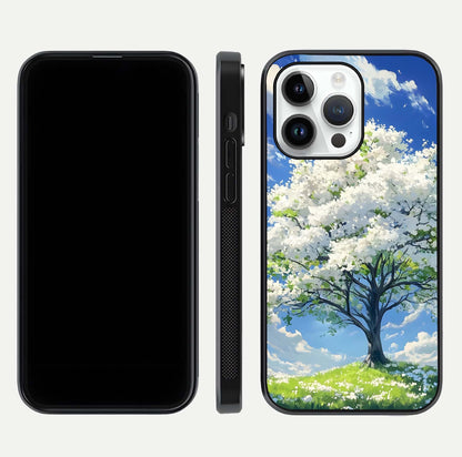 Blossom Sky Serenity Glass Case for iPhone 14 Pro dual-view layout showing pastel hues and soft protective edges