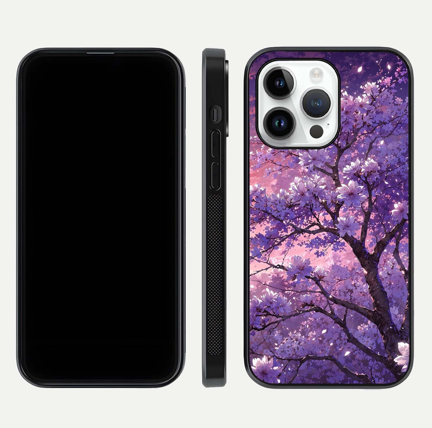 Blossom Tree Glass Case for iPhone 14 Pro front-and-back layout showing art alignment and gloss reflection
