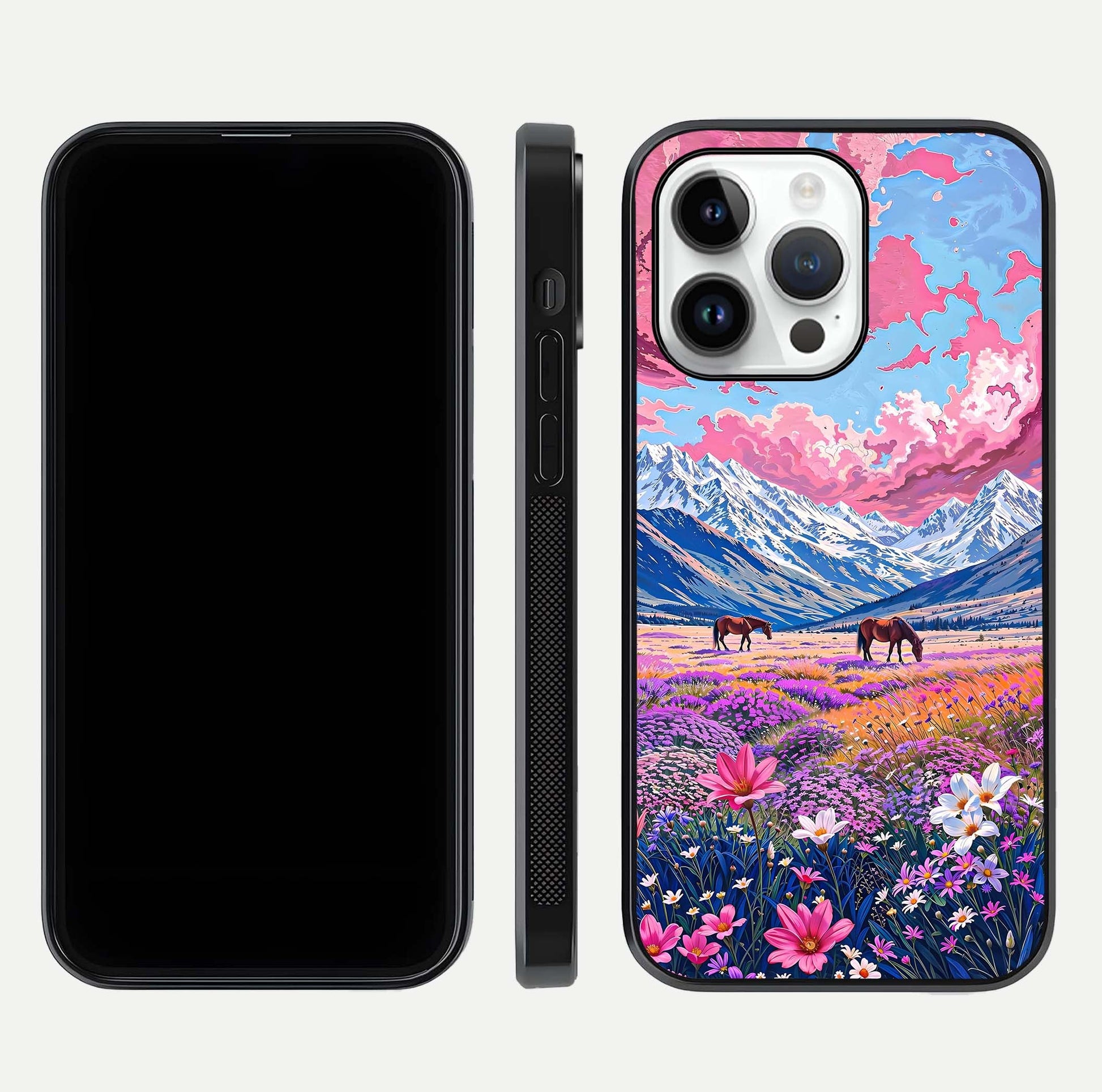 Blossom Valley Dream Glass Case for iPhone 14 Pro front-and-back layout highlighting glossy reflection and edge cut