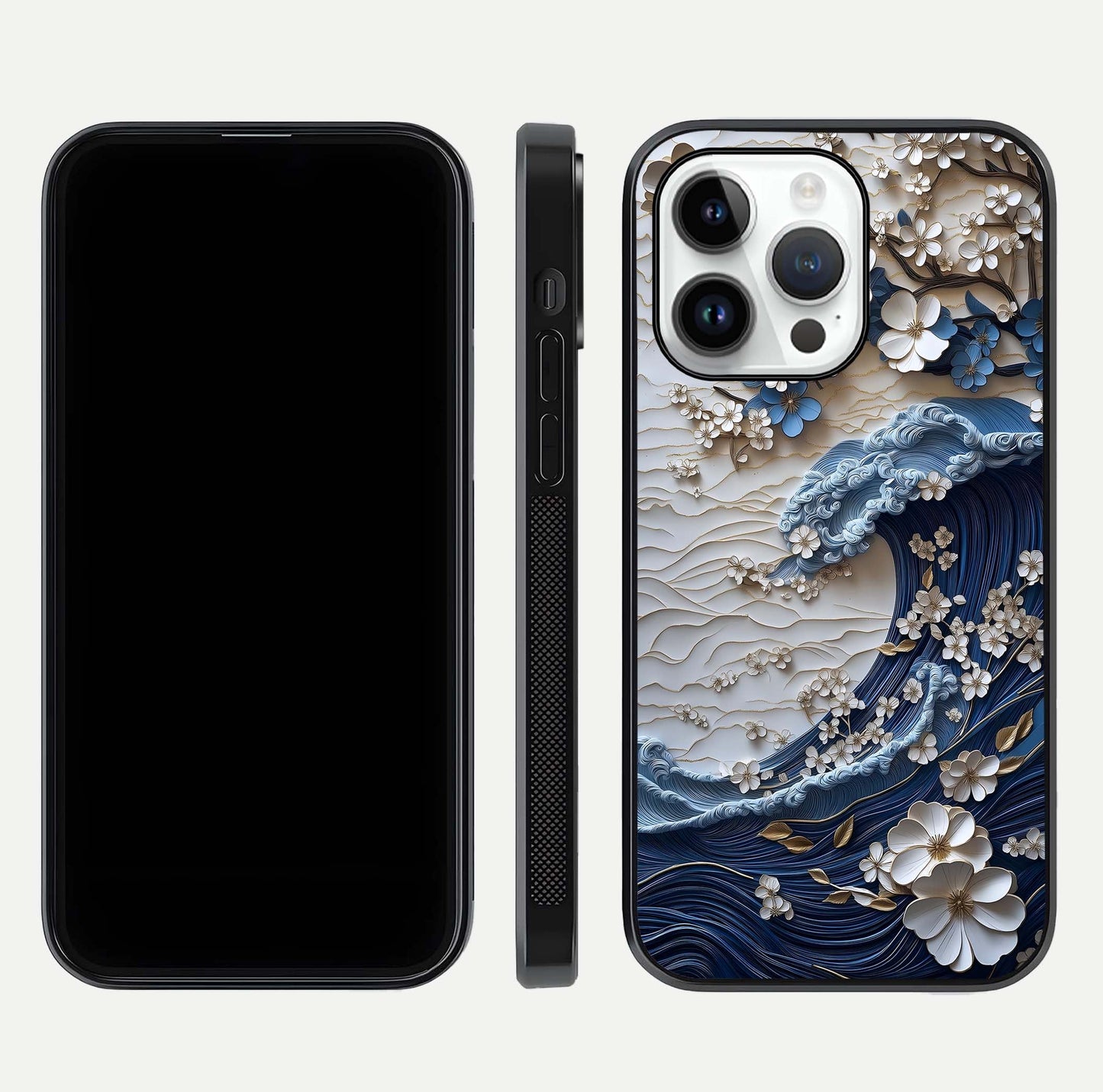 Blossom Wave Art Glass Case for iPhone 14 Pro front-and-back layout showing curved design and glass clarity