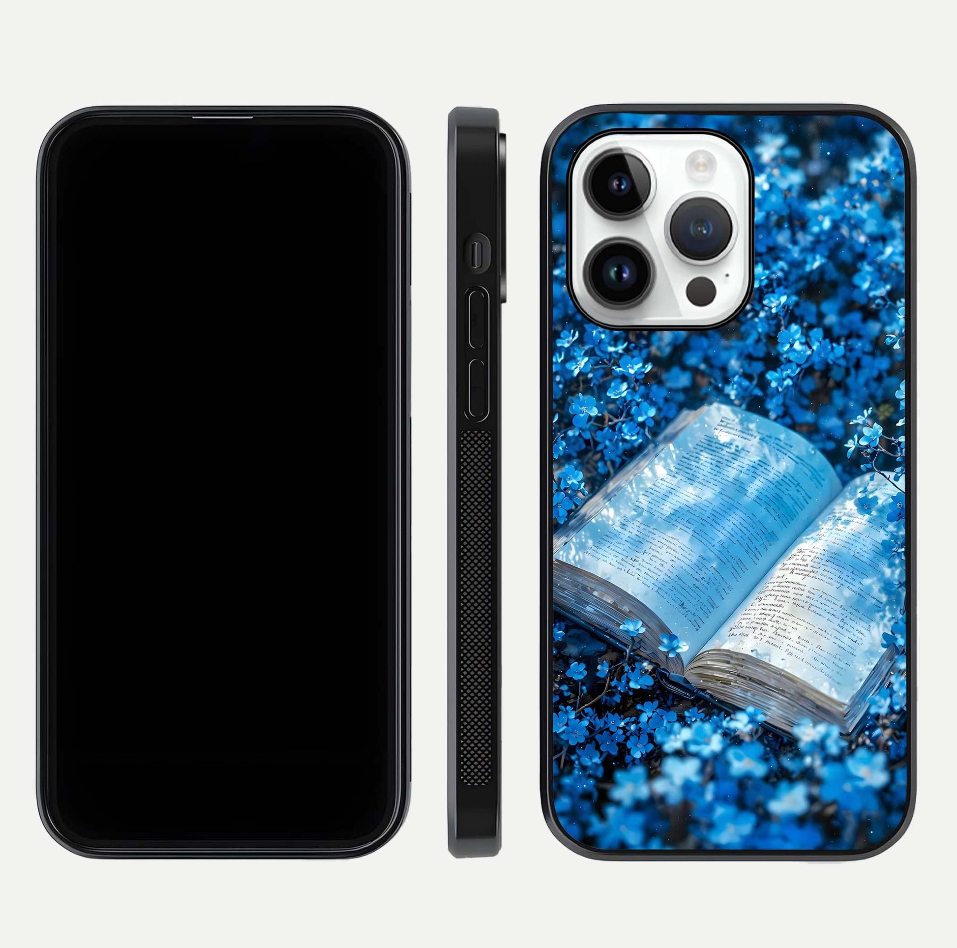 Blue Bloom Tales Glass Case for iPhone 14 Pro dual-view layout highlighting shine, floral print, and smooth edges