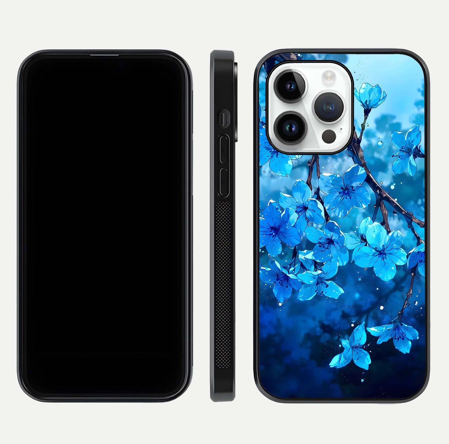 Blue Blossoms Branch Glass Case for iPhone 16 Pro dual-view layout displaying floral art and sleek protective frame