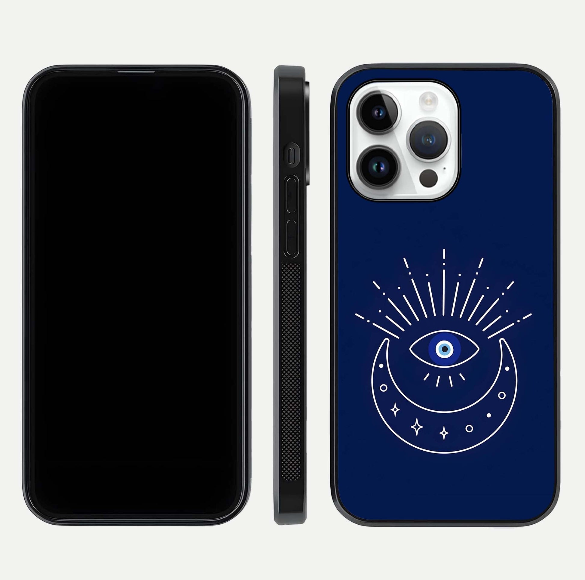 Blue Evil Eye Glass Case for iPhone 14 Pro front-and-back layout showing blue aura design and curved-edge clarity
