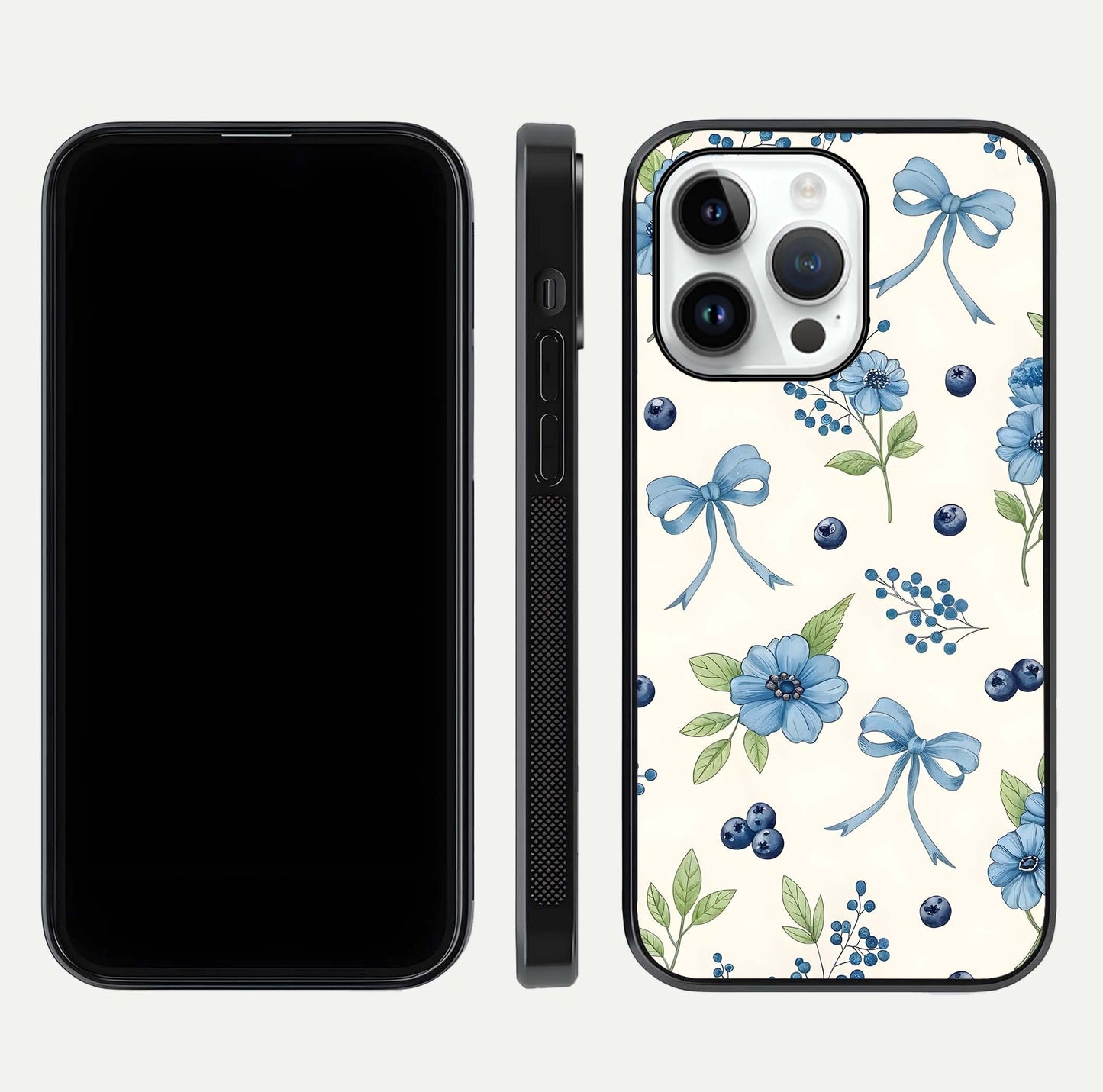 Blue Flower & Bow Glass Case for iPhone 16 Pro dual-view layout showing balanced pattern and smooth edges