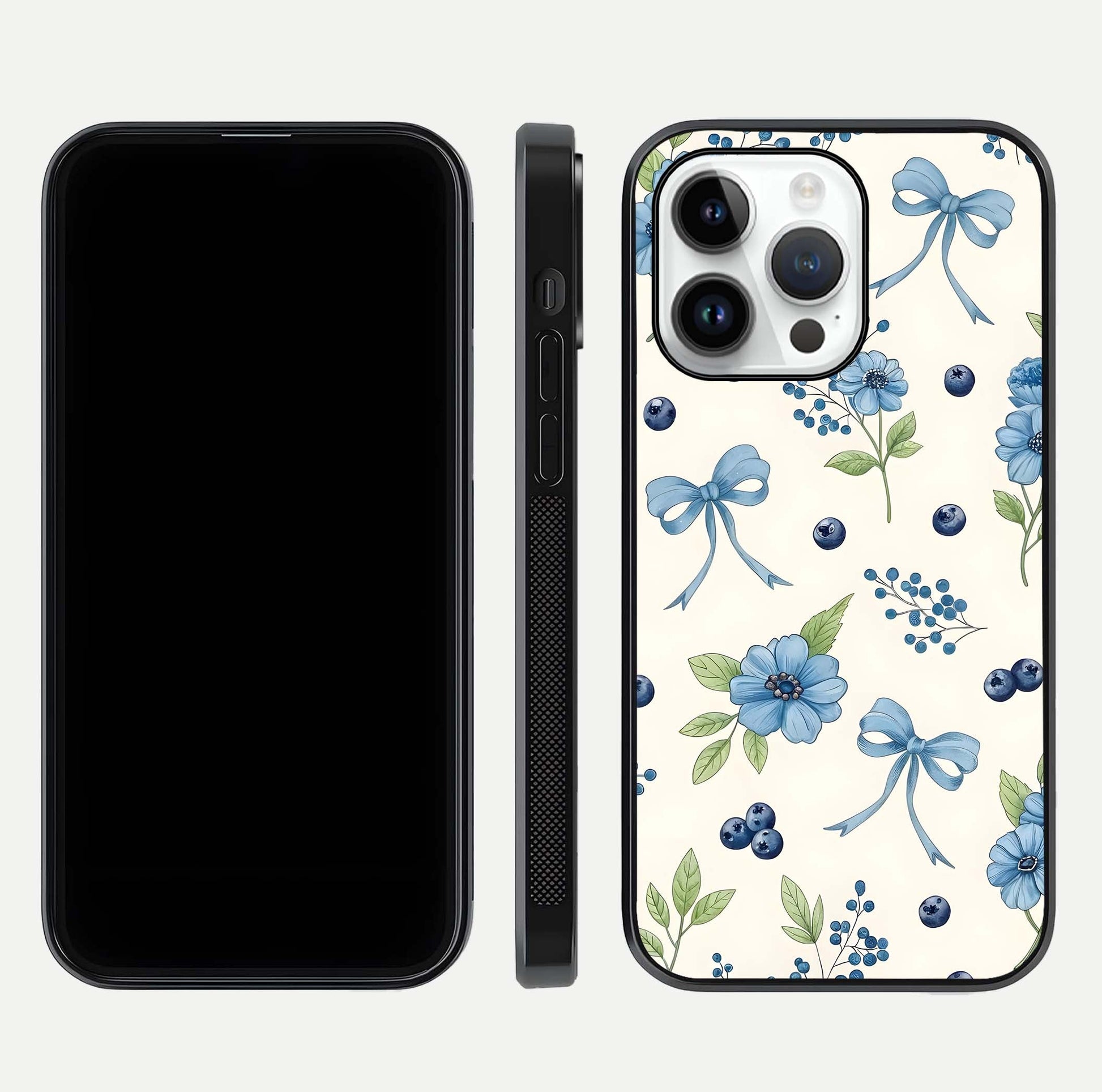 Blue Flower & Bow Glass Case for iPhone 16 Pro dual-view layout showing balanced pattern and smooth edges