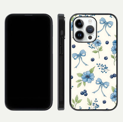 Blue Flower & Bow Glass Case for iPhone 16 Pro dual-view layout showing balanced pattern and smooth edges