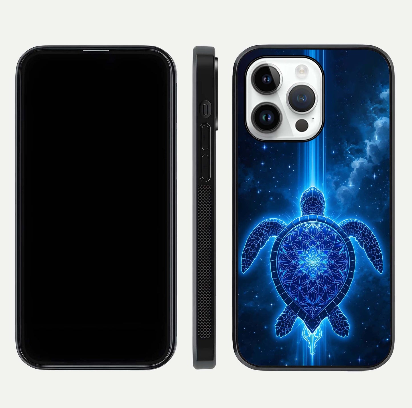 Blue Galaxy Turtle Glass Case for iPhone 16 Pro front-and-back layout highlighting cosmic art and reflective glass