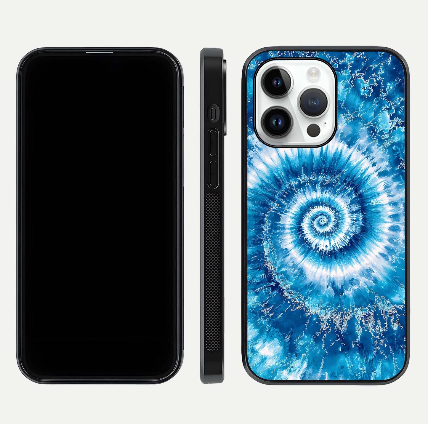 Blue Galaxy Wave Glass Case for iPhone 14 Pro front-and-back layout showing gradient flow and shine clarity
