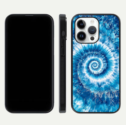 Blue Galaxy Wave Glass Case for iPhone 14 Pro front-and-back layout showing gradient flow and shine clarity
