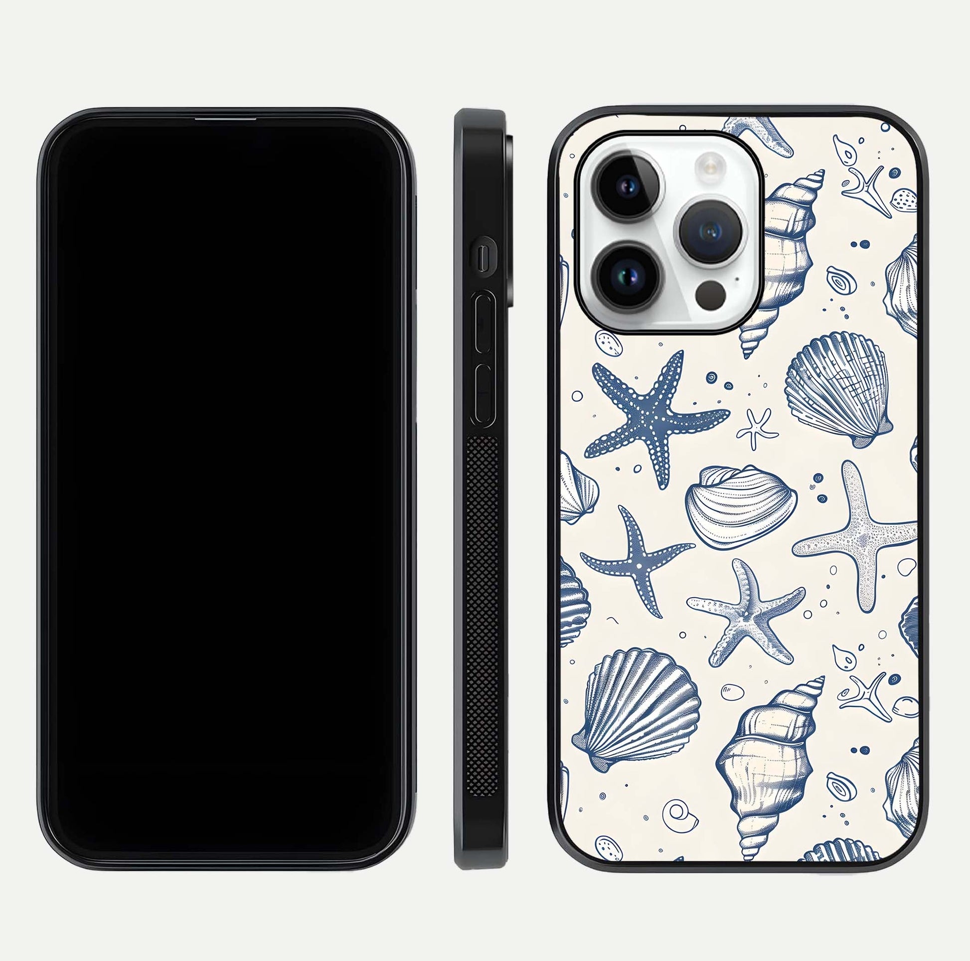 Blue Ocean Outline Glass Case for iPhone 16 Pro front-and-back layout showing minimal wave design and HD gloss