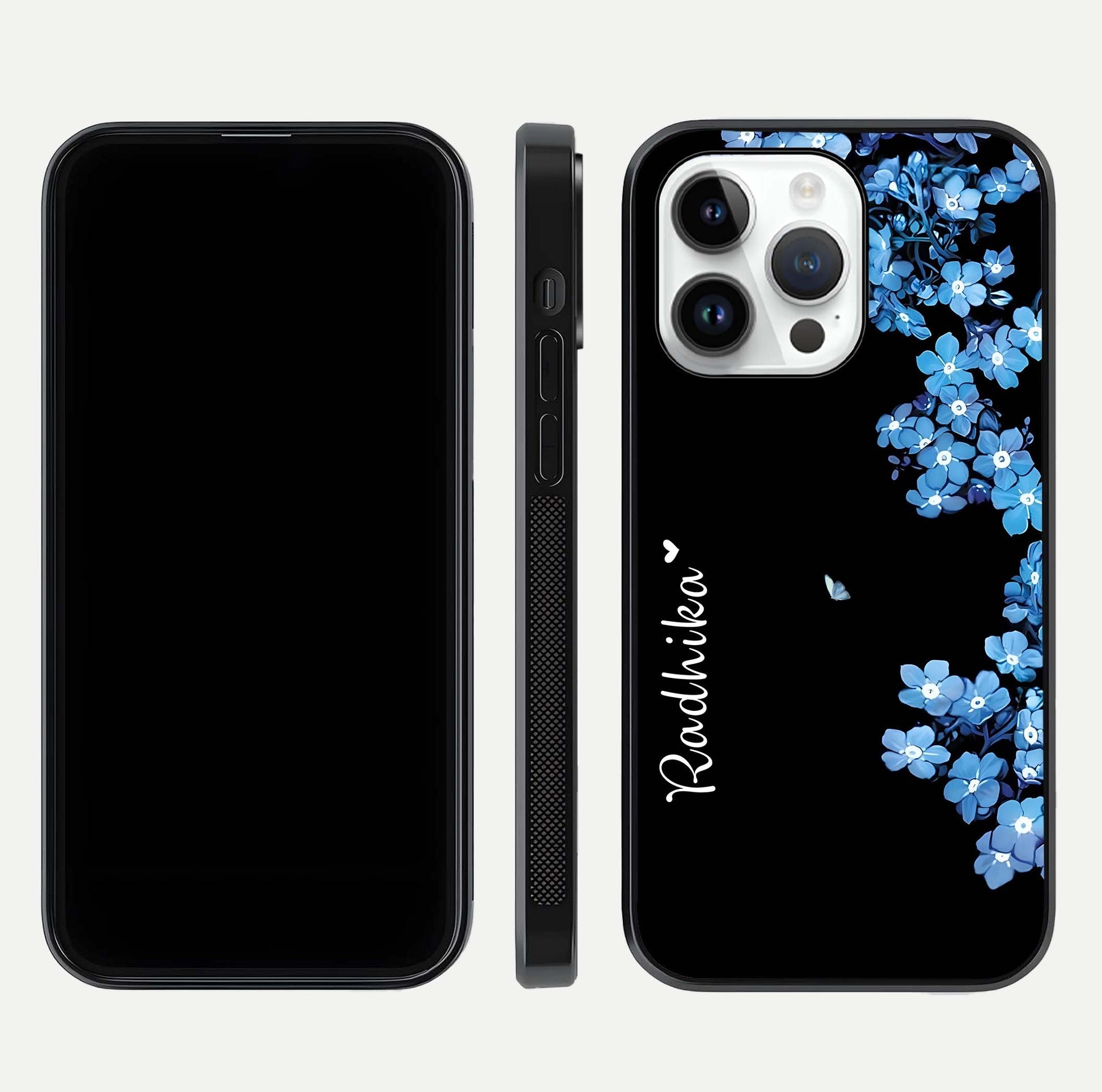 Blue Petal Dream Custom Name Glass Case for iPhone 14 Pro dual-view layout showing text placement and premium finish