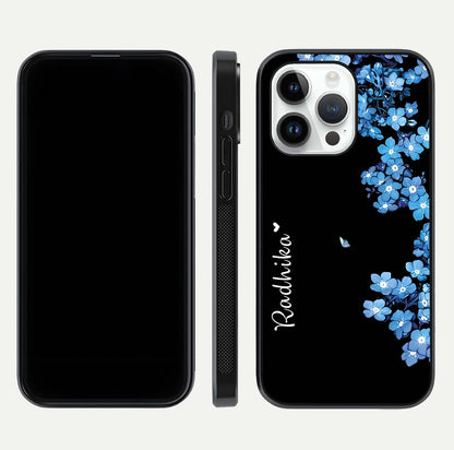 Blue Petal Dream Custom Name Glass Case for iPhone 14 Pro dual-view layout showing text placement and premium finish