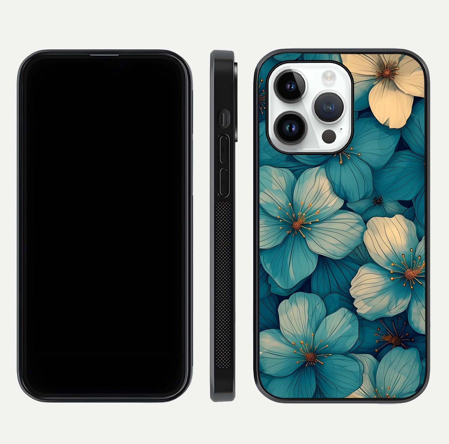 Blue Shade Floral Glass Case for iPhone 14 Pro front-and-back layout displaying bloom contrast and edge polish