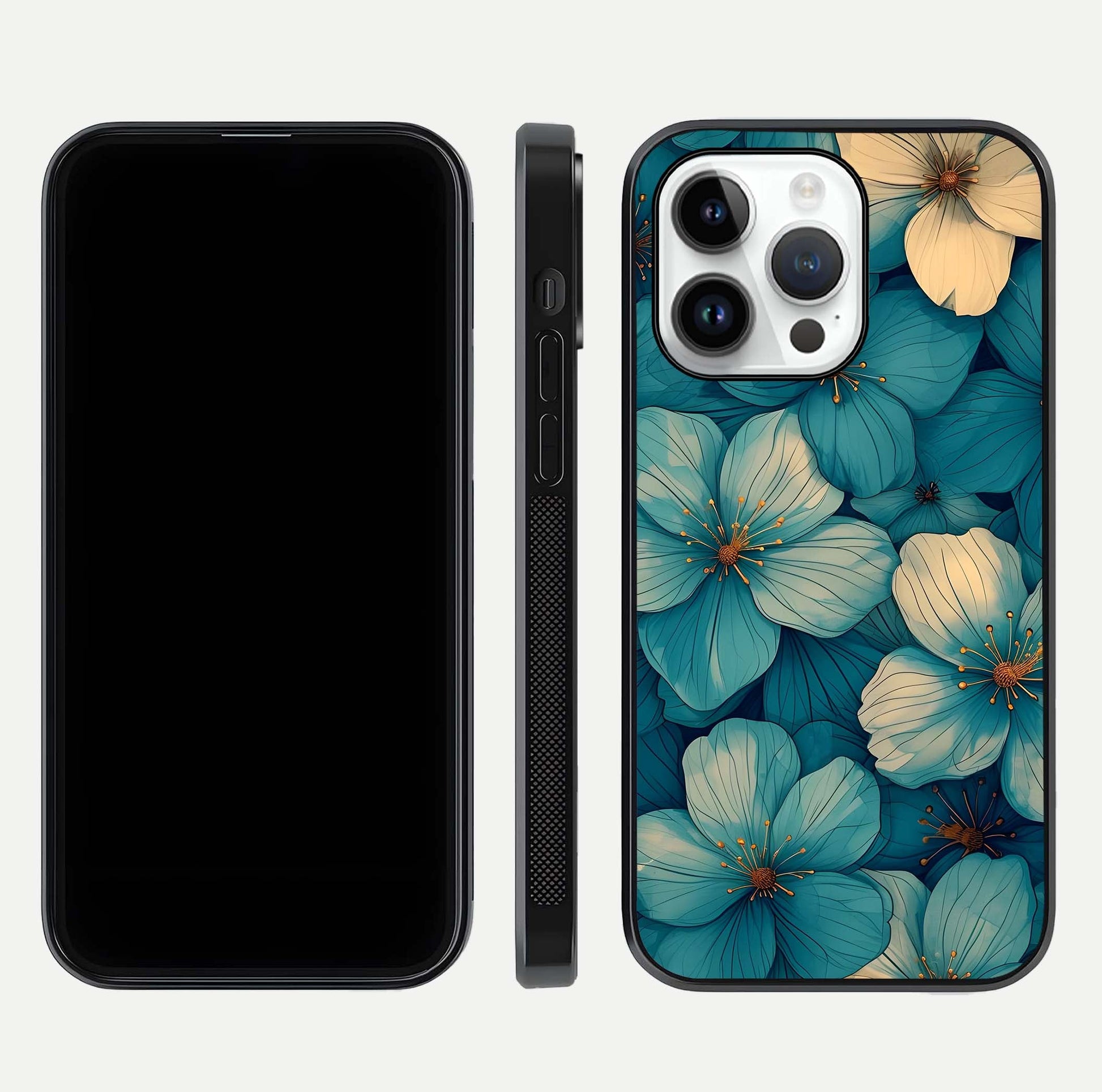 Blue Shade Floral Glass Case for iPhone 14 Pro front-and-back layout displaying bloom contrast and edge polish