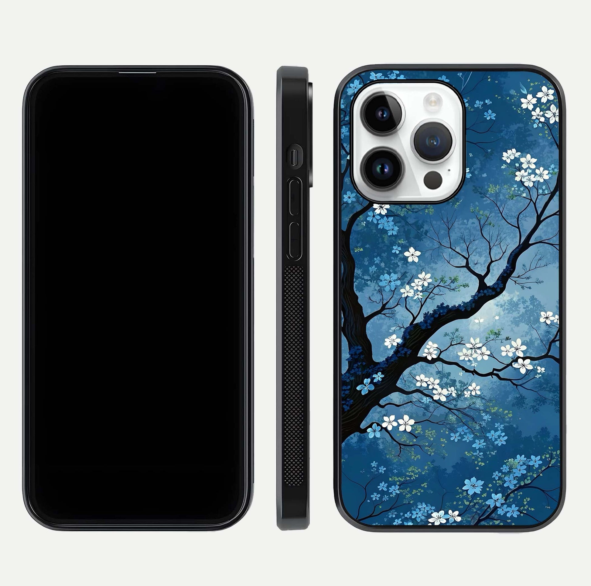 Blue Tree Serenity Glass Case for iPhone 14 Pro front-and-back layout showing gradient background and smooth edges
