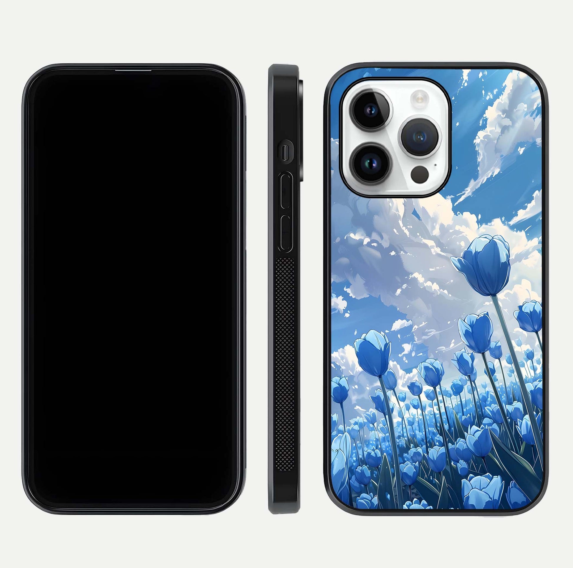 Blue Tulip Clouds Glass Case for iPhone 16 Pro front-and-back layout showcasing floral detail and polished edges