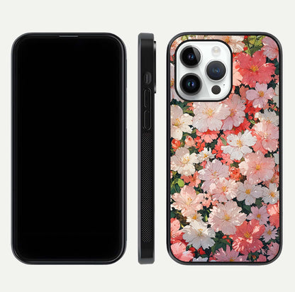 Blush Bloom Field Glass Case for iPhone 14 Pro dual-view layout showing bloom arrangement and protective frame